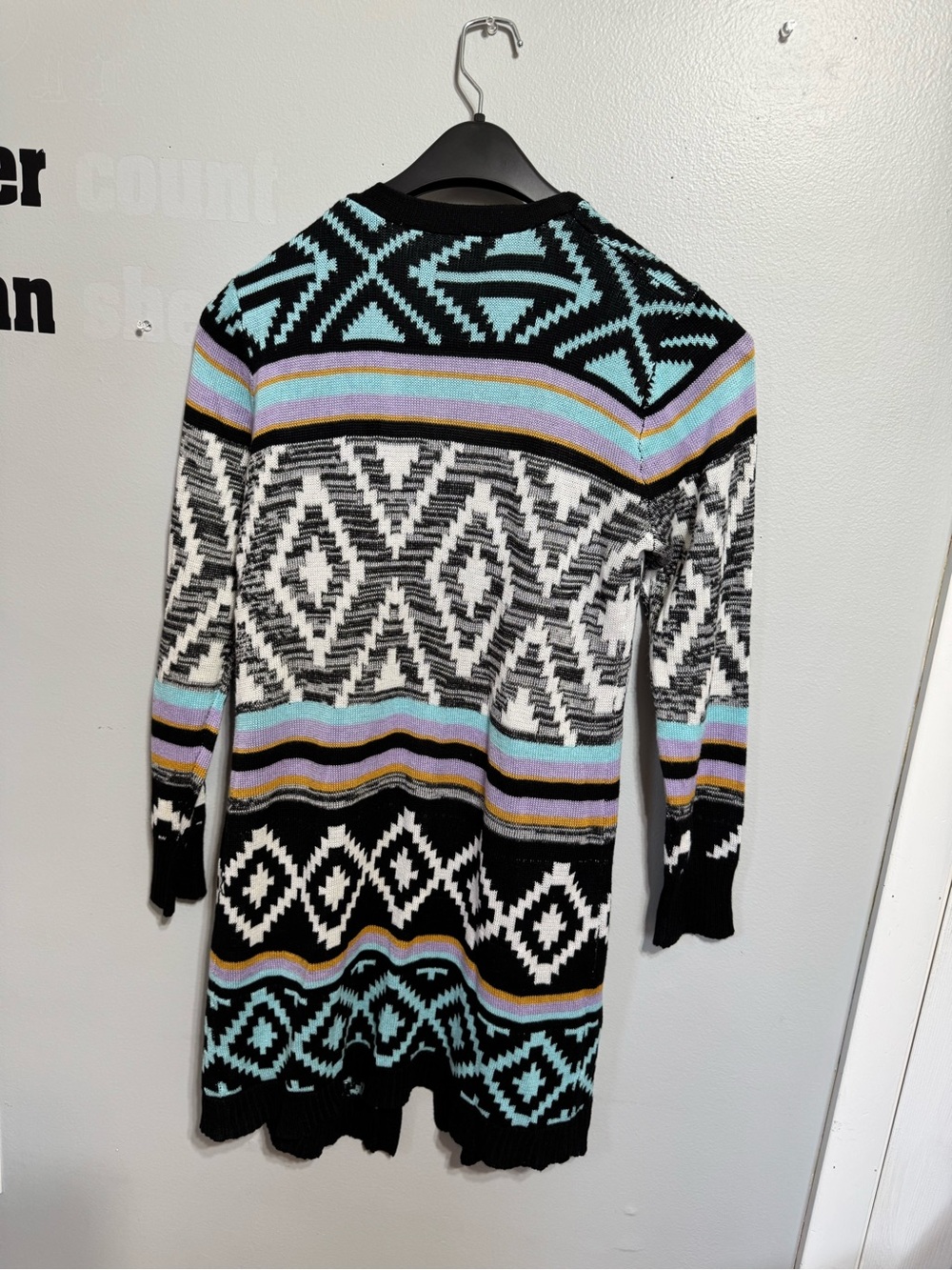 No Boundaries Patterned Open-Front Cardigan Sweater in Black, White & Pastel - Picture 11 of 11